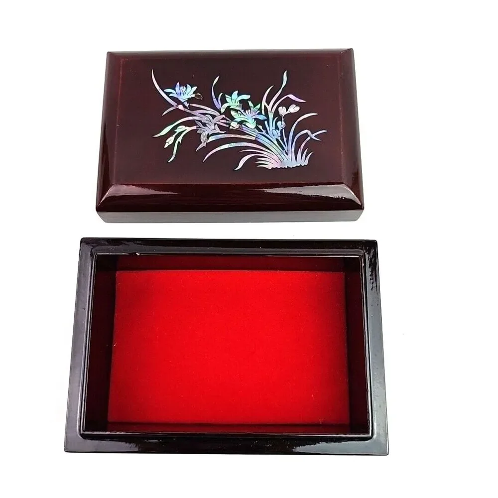 Inlaid Mother Pearl Abalone Shell Jewelry Dark Brown Lacquered Box Lidded 5.25in